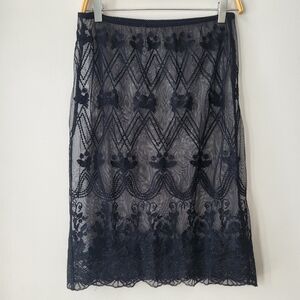Black Sheer Lace Skirt with Floral Embroidery Scalopped Hem Sz M